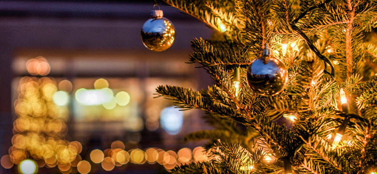 side view of christmas tree decorated with white lights and gold ornaments kauffman co